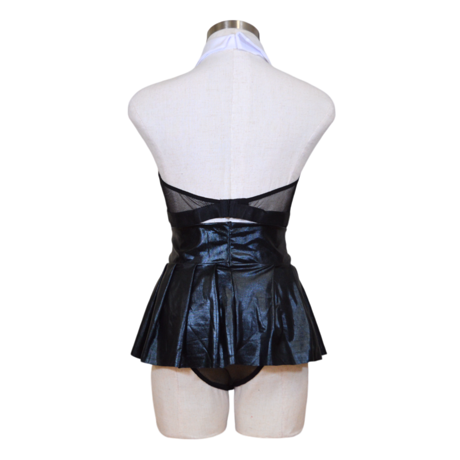 A black mesh teddy with a collared neckline and a pleated skirt-like design, displayed on a mannequin back view.