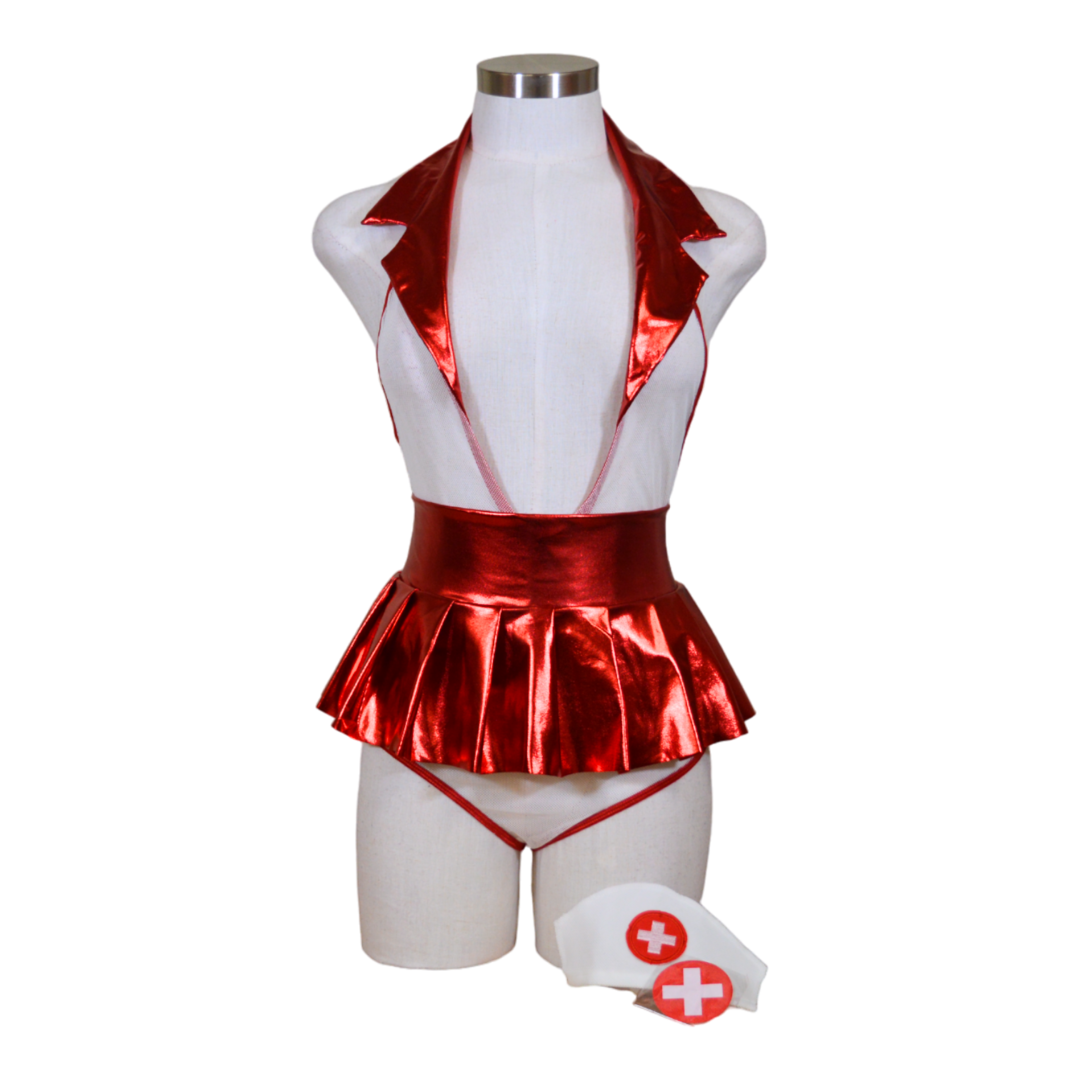 A mannequin displaying a red nurse costume with metallic and sheer fabric, including a hat and pasties.