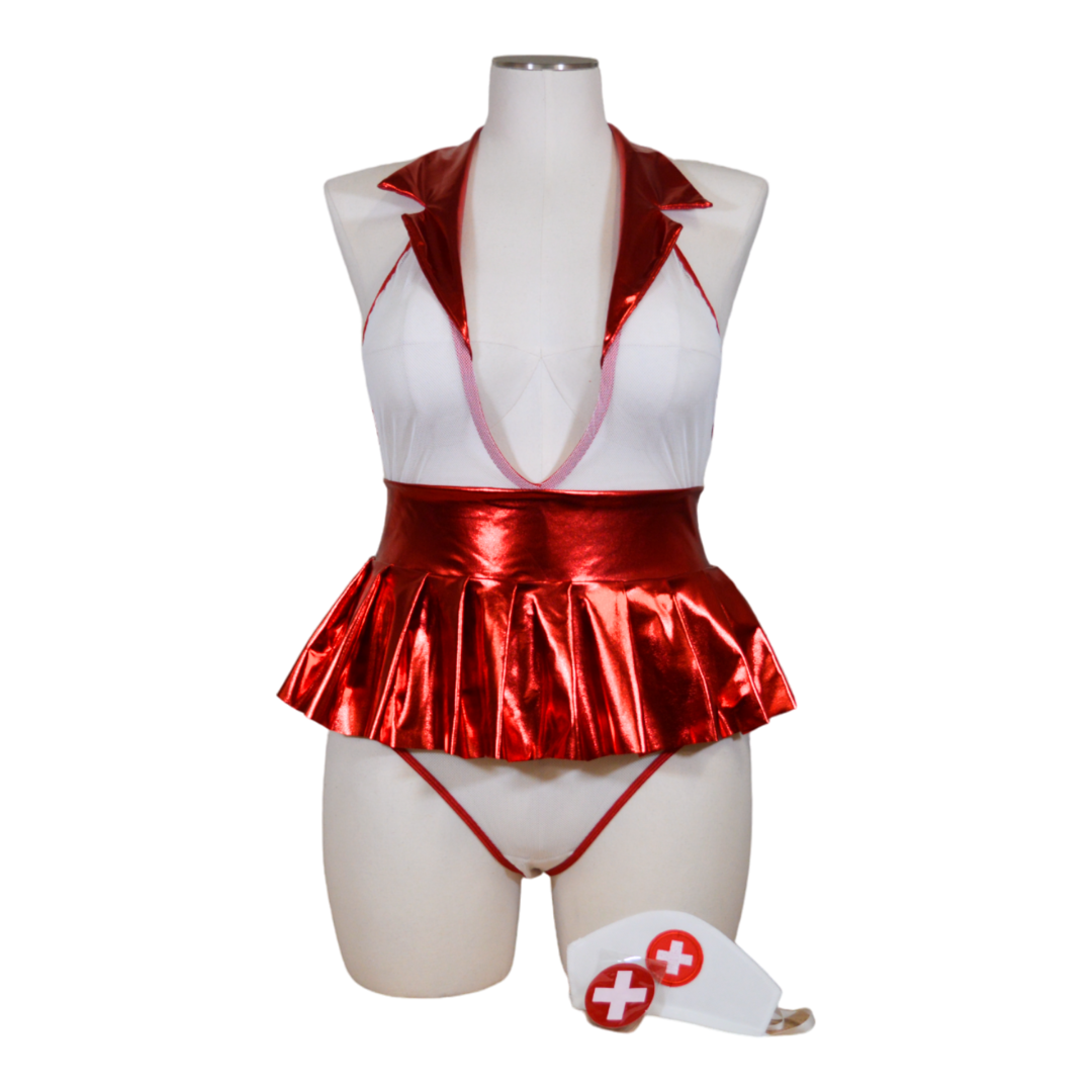 A mannequin displaying a red and white nurse costume with a metallic sheen, including a halter neck top, a peplum skirt, pasties, and a headpiece.
