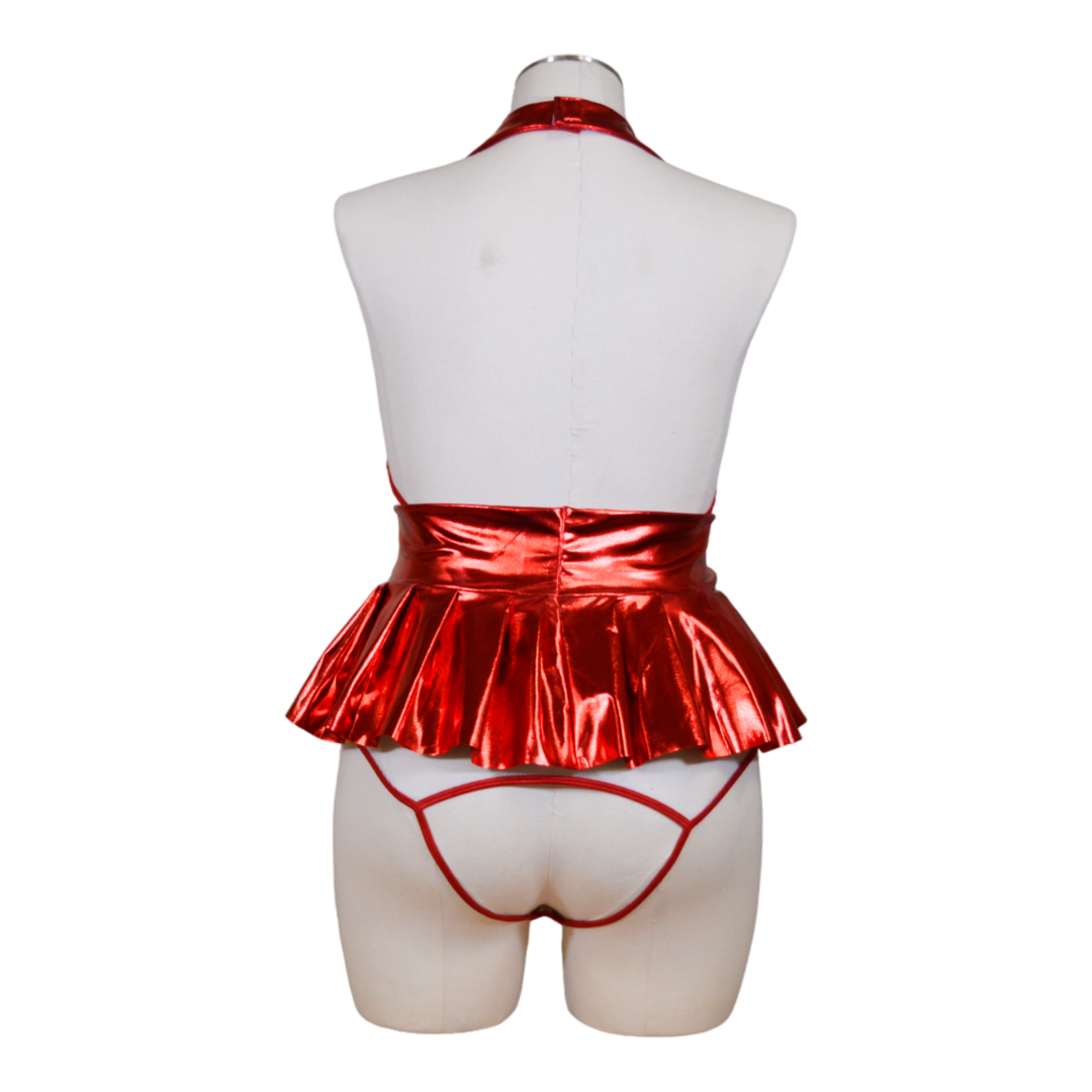 A mannequin displaying a red and white nurse costume with a metallic sheen, including a halter neck top, a peplum skirt, pasties, and a headpiece.
