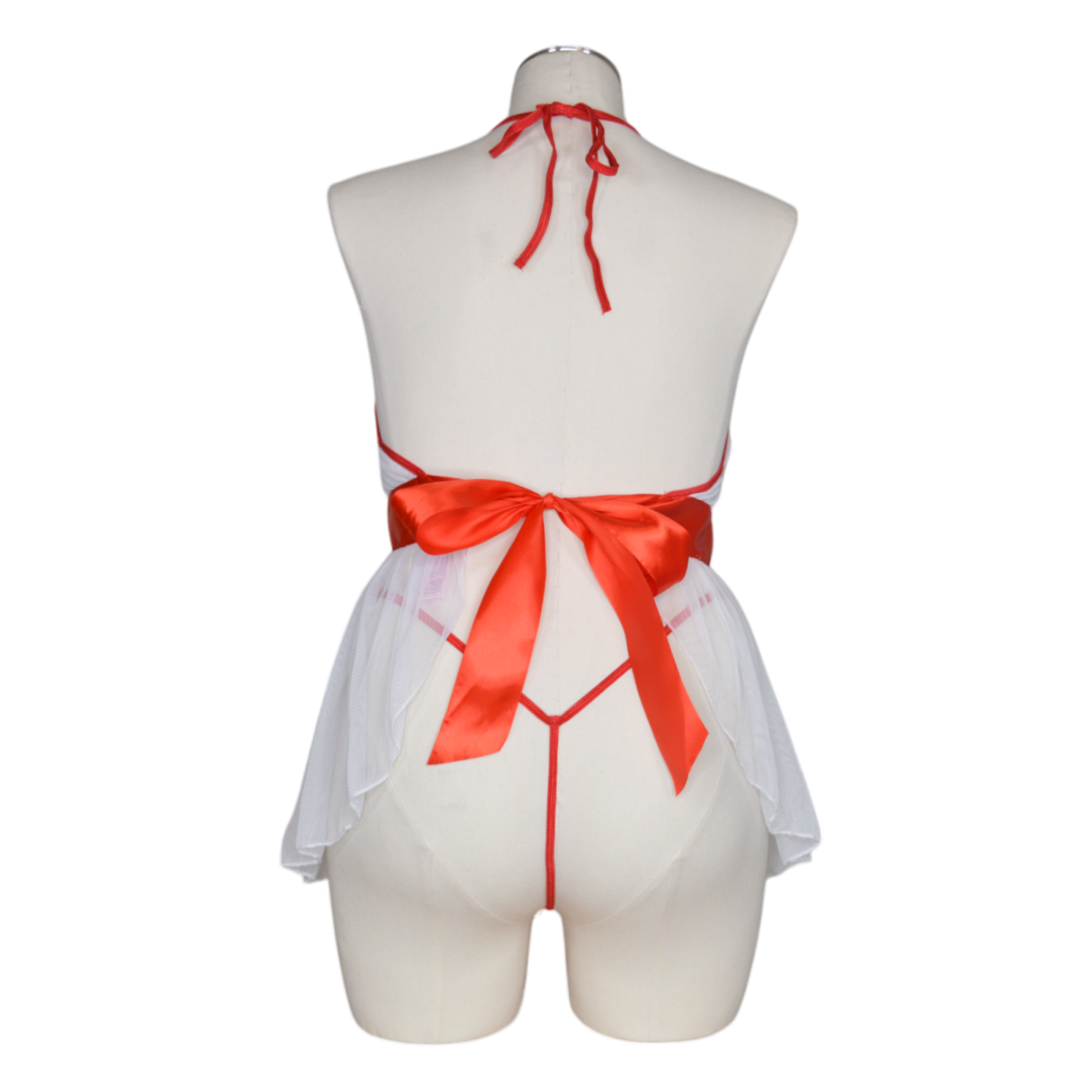A 3 piece nightshift nurse costume set featuring a sheer white fabric with red trim, including a top, panty, and headband, with medical cross designs.