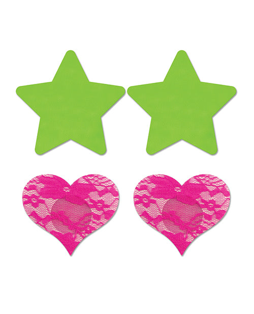 Fantasy UV Reactive Neon Star & Lace Heart Pasties - Green & Pink Pack of 2