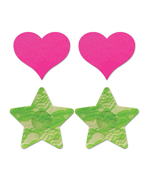 Fantasy UV Reactive Neon Heart & Lace Star Pasties - Pink & Green Pack of 2