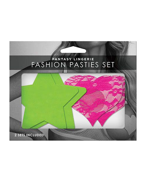 Fantasy UV Reactive Neon Star & Lace Heart Pasties - Green & Pink Pack of 2