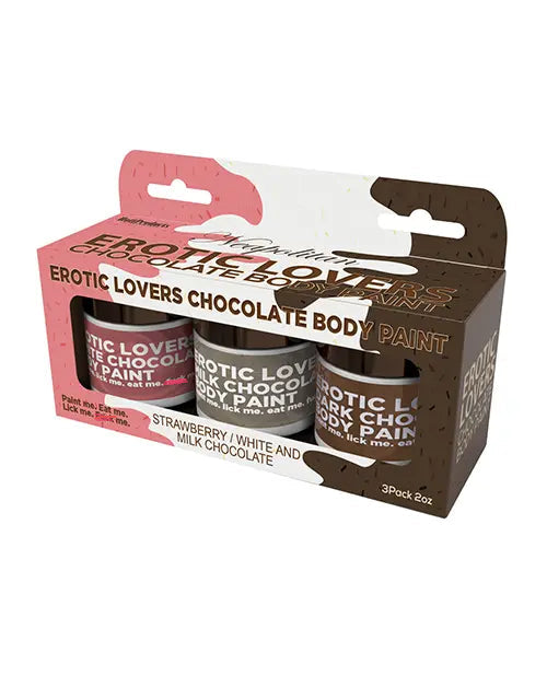 Packaging of Erotic Lovers Chocolate Body Paint with three jars inside.