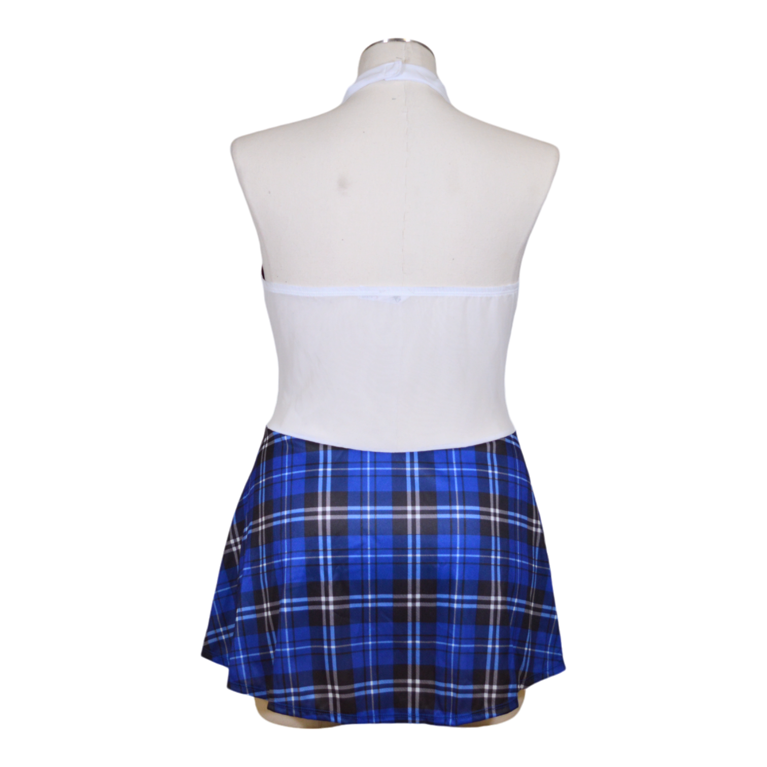 A mannequin wearing a school girl themed costume with a white mesh chemise, blue plaid skirt, and matching neck tie. Back view.