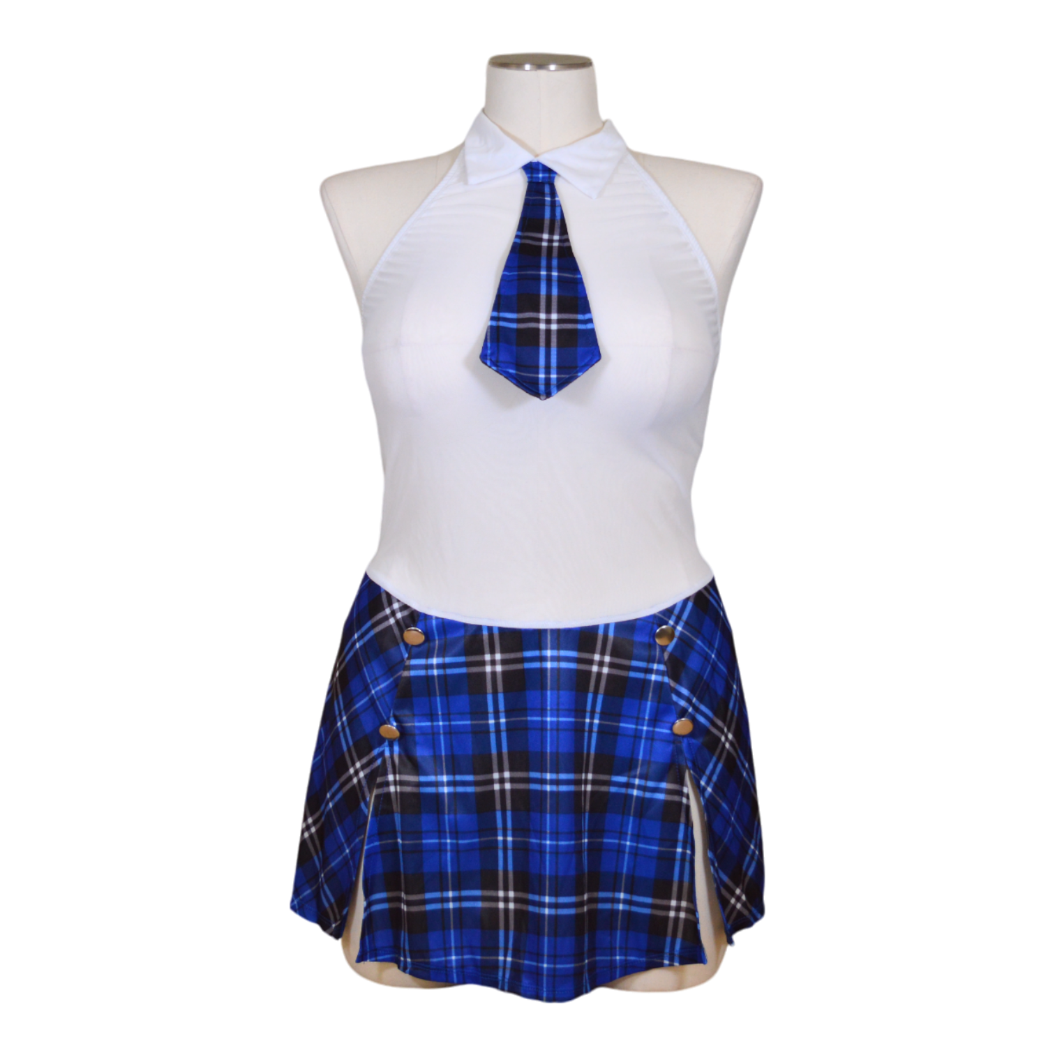 A mannequin wearing a school girl themed costume with a white mesh chemise, blue plaid skirt, and matching neck tie.