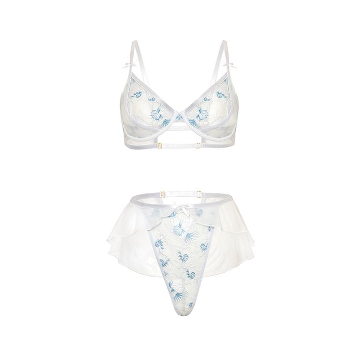 4012126 Floral Embroidered Set Skirted Bottom