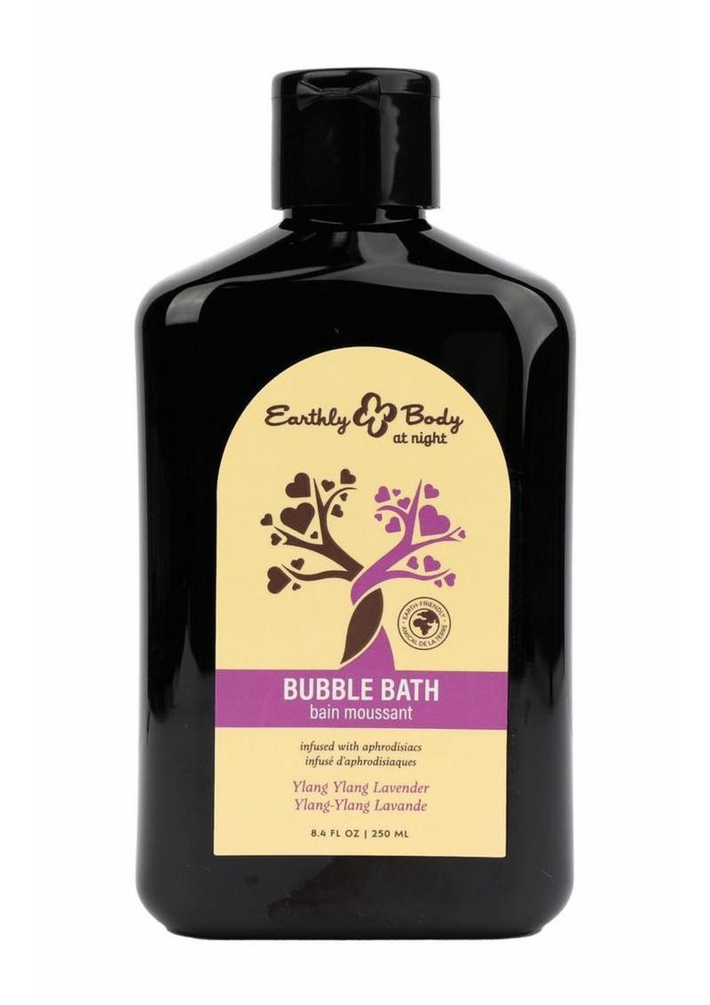 Black bottle of Earthly Body bubble bath with a yellow label on a white background