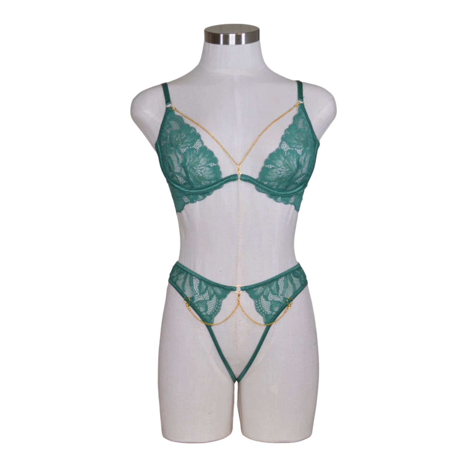 2439 Green Lace Bra Set With Chain